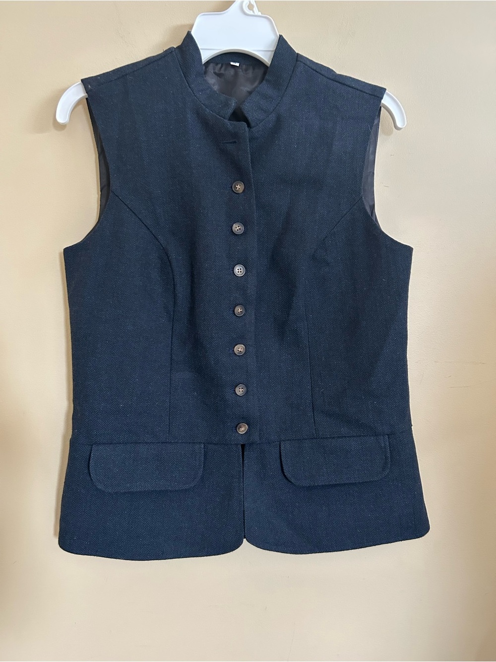 Dark blue Wool Blend Tailored high collar Vest with Pockets